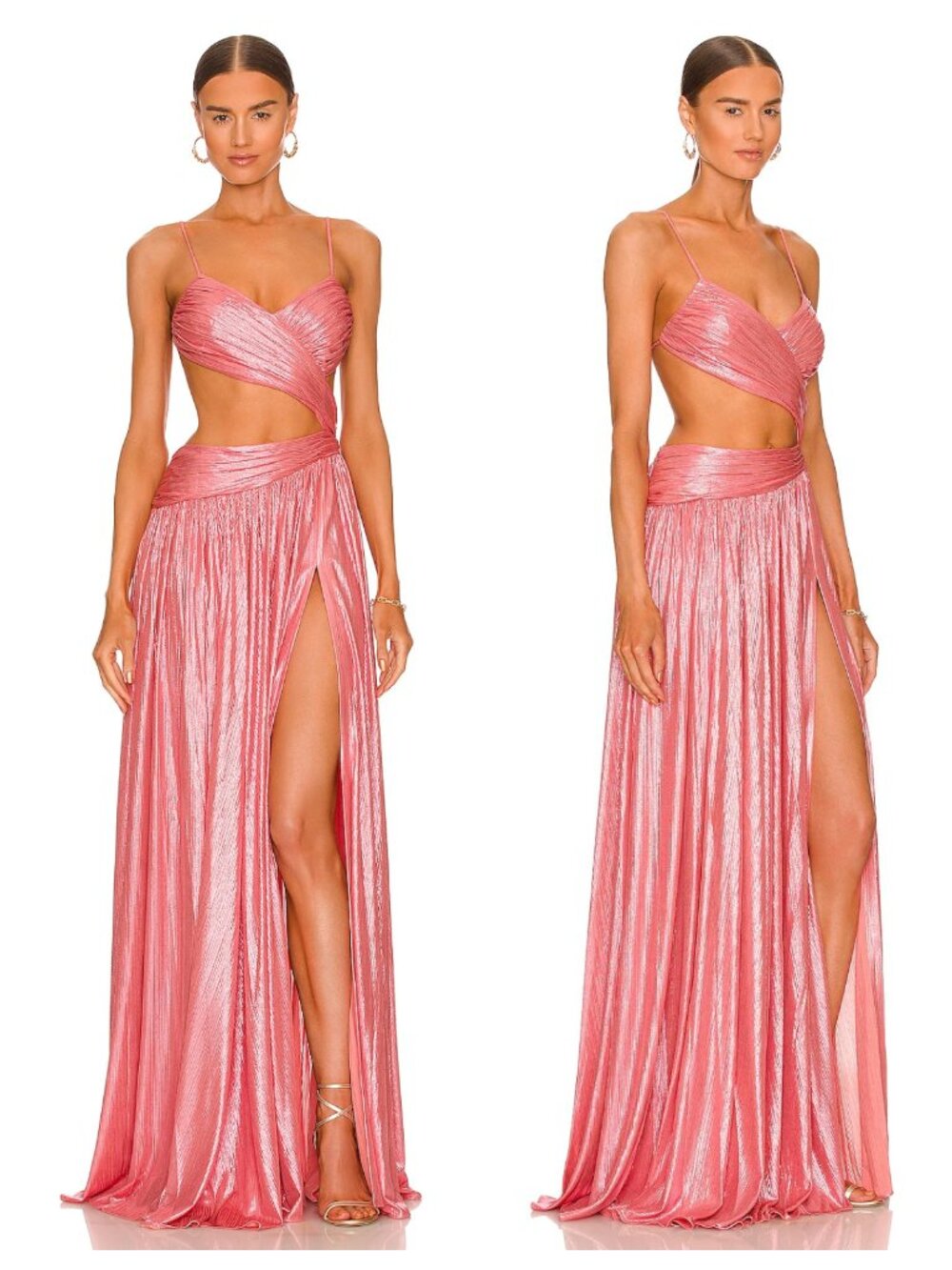Retrofete Aglaia Pink Shimmer Metallic Pleated Coral High Slit Cut Out Gown